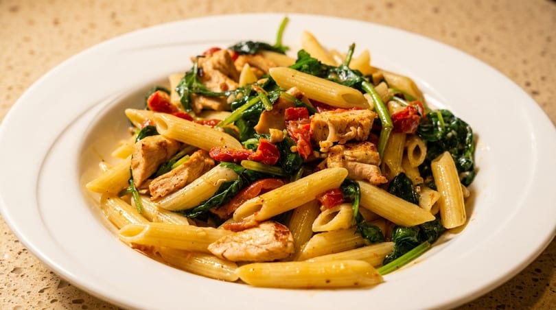 Penne pasta with chicken, spinach, and sun-dried tomatoes in a white bowl.