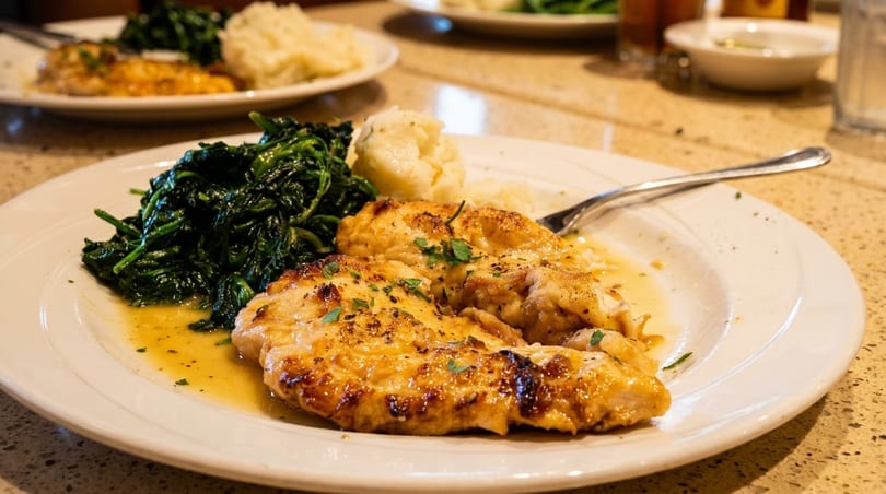 Chicken piccata with mashed potatoes and spinach on a white plate at a restaurant.