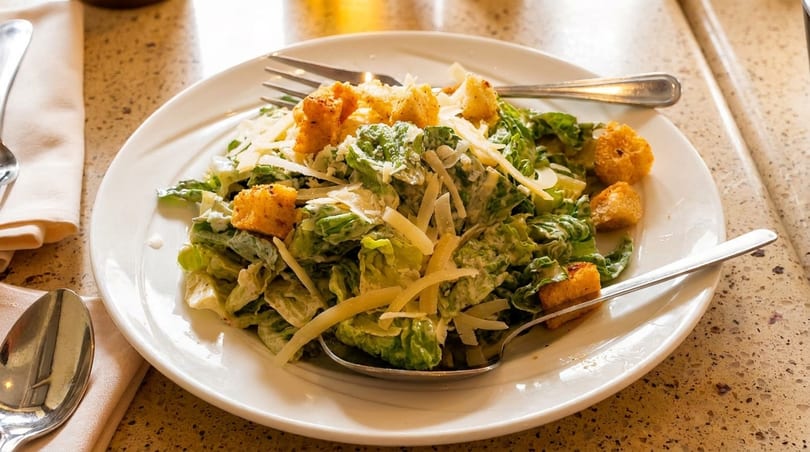 Caesar salad with romaine lettuce, croutons, and shredded Parmesan cheese on a white plate.