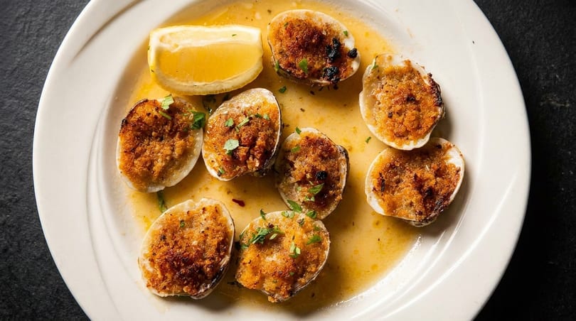 Baked clams with breadcrumbs and herbs in a butter sauce, served with a lemon wedge.