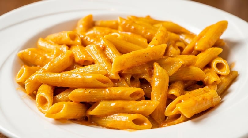 Close-up of penne pasta coated in a creamy orange sauce, served in a white bowl.