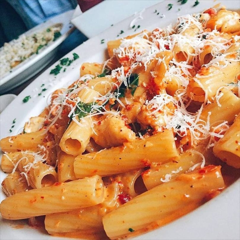Close-up of rigatoni pasta with creamy tomato sauce, fresh herbs, and grated Parmesan cheese.
